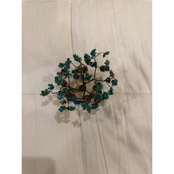 Handcrafted Turquoise Gem Tree Sculpture With Bells On Marble Base - Picture 7 of 8